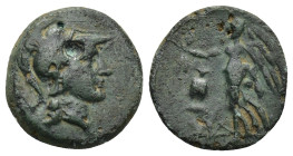 PAMPHYLIA. Side. Circa 205-100 BC. AE (16mm, 3.0 g) Head of Athena to right, wearing crested Corinthian helmet. ΣΙ-ΔΗΤΩΝ Nike advancing left, holding ...