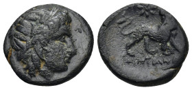 IONIA. Miletos. Circa 313/2-290 BC. AE (Bronze, 18mm, 3.63 g). Laureate head of Apollo to right. Rev. Lion walking to right, head turned back to left;...