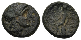 KINGS of SYRIA. Antiochos I Soter. 281-261 BC. Æ (15mm, 3.87 g). Antioch mint. Diademed head right / Apollo seated left on omphalos, holding bow and t...