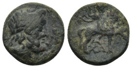 Pisidia. Isinda circa 100-0 BC. Bronze Æ (16mm, 3.93 g). Laureate head of Zeus right / Rider on horseback galloping right, wielding spear, coiled serp...