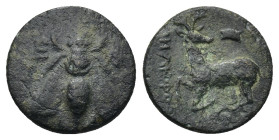 IONIA. Ephesos. Ae (13mm, 1.53 g) (4th century BC). Demopho-, magistrate. Obv: Ε - Φ. Bee. Rev: ΔΗΜΟΦΩ. Stag kneeling left, head right; astragalos abo...
