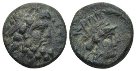 SYRIA, Uncertain. Circa 1st century BC. Æ (17mm, 6.5 g). Head of Zeus right, wearing tainia / Turreted, veiled and draped bust of Tyche right, wearing...