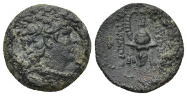 SELEUCID KINGS of SYRIA. Tryphon. 142-138 BC. Æ (19mm, 4.75 g). Antioch mint (?) Diademed head right / Macedonian cavalry helmet with ibex horn; [mono...