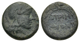 IONIA. Priene. Circa 240-170 BC. AE (Bronze, 14mm, 2.6 g), Poli..., magistrate. Head of Athena to right, wearing crested Attic helmet. Rev. ΠPIH / ΠΟΛ...