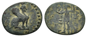 PAMPHYLIA. Perge. (Circa 260-230 BC). Ae. (14mm, 1.67 g) Obv: Sphinx seated right, wearing kalathos. Rev: ИANAΨAΣ / ΠPEIIAΣ. Artemis standing left, ho...