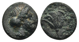 Rhodos, Rhodes Circa 350-300 BC. AE (1.37 Gr. 11mm.) Head of Rhodos to right, wearing stephane Rev. Rose with bud to right; P-O flanking stem.