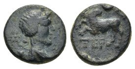 Pisidia. Termessos Major circa 100-0 BC. Bronze Æ (11mm, 1.77 g). Laureate, and draped bust right, star (Artemis ?) / Humped bull jumping left, TEP be...