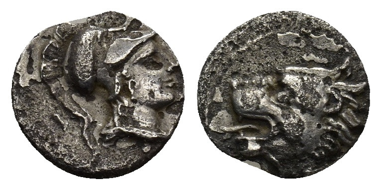 Pamphylia. Side circa 370-360 BC. Obol AR. (9mm, 0.7 g) Head of Athena right wea...