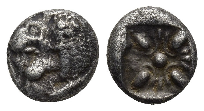 IONIA, Miletos. 600-550 BC. AR Obol (8mm, 1.2 g). Forepart of roaring lion, head...