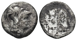 PAMPHYLIA, Side. Circa 183-175 BC. AR Drachm (19mm, 3.28 g). Kleuch-, magistrate. Head of Athena right, wearing crested Corinthian helmet / Nike advan...