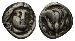 CARIAN ISLANDS. Rhodes. Ca. 275-230 BC. AR hemidrachm (11mm, 1.63 g). Unknown magistrate. Head of Helios facing, turned slightly right, hair parted in...