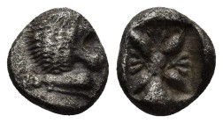 IONIA, Miletos. ca. 500 BC. AR Diobol (9mm, 1.12 g) Forepart of lion Rev.Starlike floral ornament in shallow incuse square.