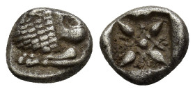 IONIA, Miletos. ca. 500 BC. AR Diobol (9mm, 1.2 g) Forepart of lion Rev.Starlike floral ornament in shallow incuse square.