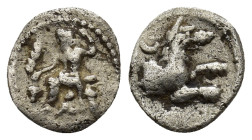 LYCAONIA, Laranda. Circa 324/3 BC. AR Obol (10mm, 0.59 g). Baaltars seated left, holding grain ear, grape bunch, and scepter / Forepart of wolf right;...
