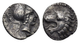 PAMPHYLIA. Side. (3rd-2nd centuries BC). AR Obol. (0.6 Gr. 9mm.) Helmeted head of Athena right. Rev. Head of lion left with open mouth.