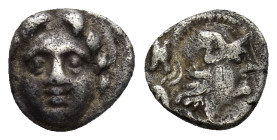 PISIDIA, Selge (Circa 350-300 BC) AR Obol (9mm, 0.9 g) Obv: Facing gorgoneion. Rev: Helmeted head of Athena to right; behind, astralagos.