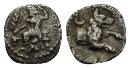 LYCAONIA, Laranda. Circa 324/3 BC. AR Obol (10mm, 0.58 g). Baaltars seated left, holding grain ear, grape bunch, and scepter / Forepart of wolf right;...
