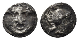 PAMPHYLIA, Aspendos. 420-360 BC. AR Obol (9mm, 0.88 g) Gorgoneion / Helmeted head of Athena.