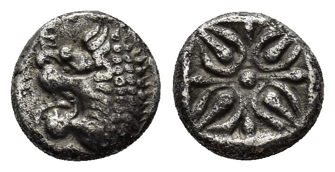 Ionia, Miletos AR Obol. Late 6th-early 5th century BC. (1 Gr. 8mm.)
Forepart of ...