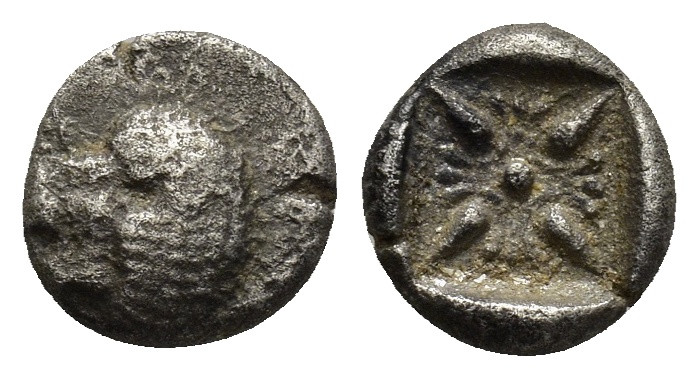 IONIA. Miletos. AR Diobol (6th-5th century BC). (0.97. 8mm.)
 Forepart of lion h...