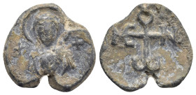 BYZANTINE LEAD SEALS. (19mm, 5.1 g) Obv: Nimbate bust of the Virgin Mary, facing, between two crosses, holding a medallion of a facing head of Christ ...