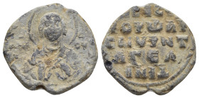 Byzantine lead seal (6.67 Gr. 20mm.) Obv: MHP - ΘV. Facing bust of the Virgin Mary, with Christ medallion on breast. RevÇ Legends in five lines.