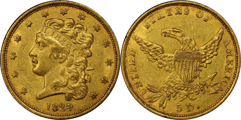 1834 Classic Head Half Eagle. HM-5. Rarity-2. Plain 4. Tripled Punched 4. AU-58 ...