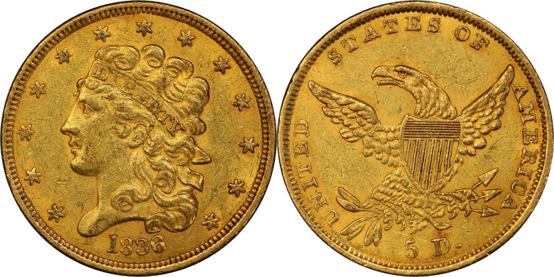 1836 Classic Head Half Eagle. HM-7. Rarity-3. AU-55 (PCGS).
Delightful golden-a...