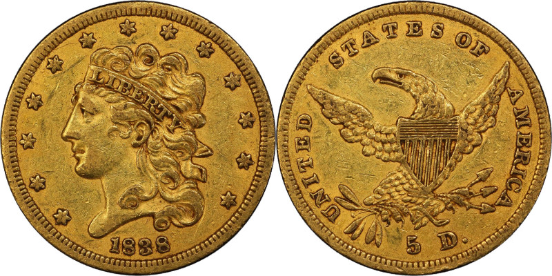 1838 Classic Head Half Eagle. HM-2. Rarity-3. AU-50+ (PCGS). CAC.
Delicate oran...