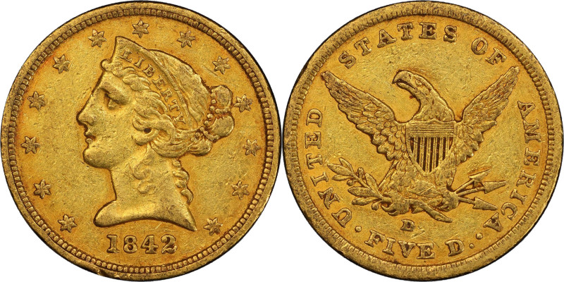 1842-D Liberty Head Half Eagle. Winter 7-E. Small Date, Small Letters. EF-45+ (P...