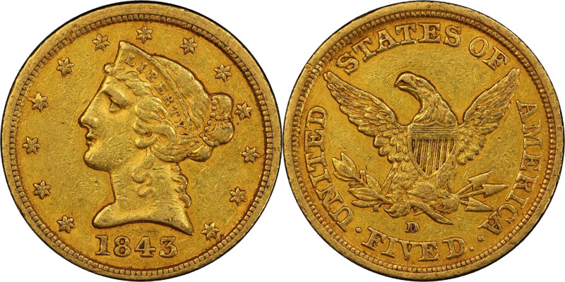 1843-D Liberty Head Half Eagle. Winter 9-F. Small D. EF-45 (PCGS). CAC.
The 184...