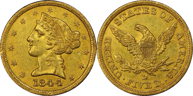 1844-D Liberty Head Half Eagle. Winter 11-G. AU-55+ (PCGS).
This gorgeous examp...