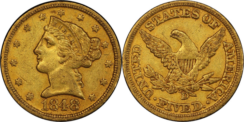 1848-D Liberty Head Half Eagle. Winter-Unlisted. Reverse Die State II. EF-45 (PC...