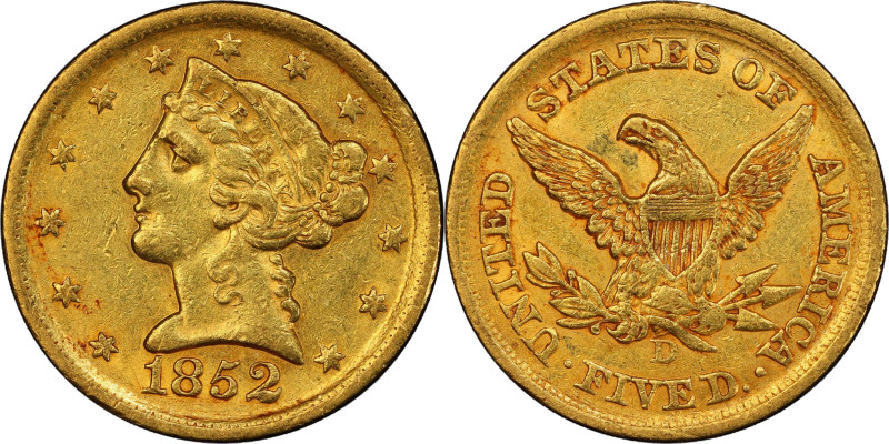 1852-D Liberty Head Half Eagle. Winter 32-V. EF-45+ (PCGS).
Attractive orange-a...