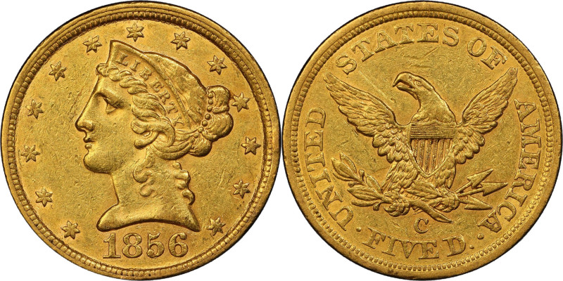 1856-C Liberty Head Half Eagle. Winter-1, the only known dies. AU-50 (PCGS).
Vi...