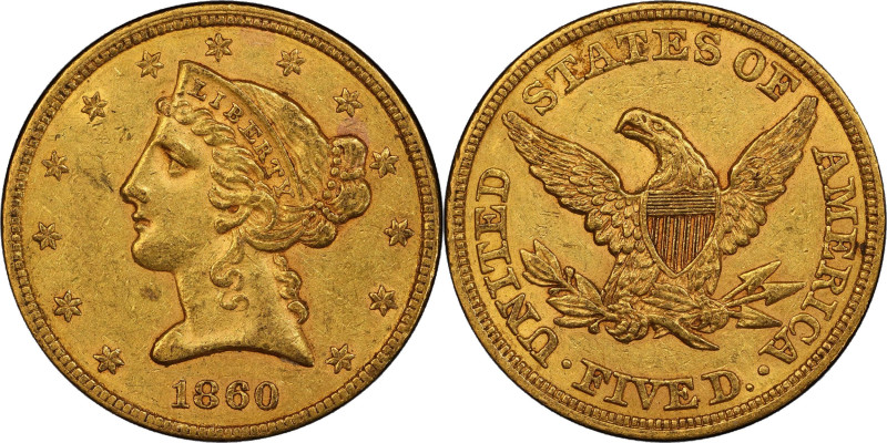 1860 Liberty Head Half Eagle. AU-53 (PCGS). CAC.
Modest semi-reflectivity in th...