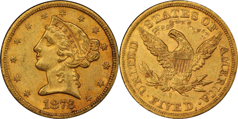 1872-S Liberty Head Half Eagle. AU-50+ (PCGS). CAC.
Blushes of pinkish-rose iri...