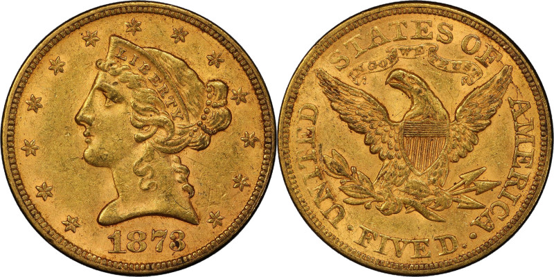 1873 Liberty Head Half Eagle. Close 3. MS-62 (PCGS).
Gorgeous satin surfaces ar...