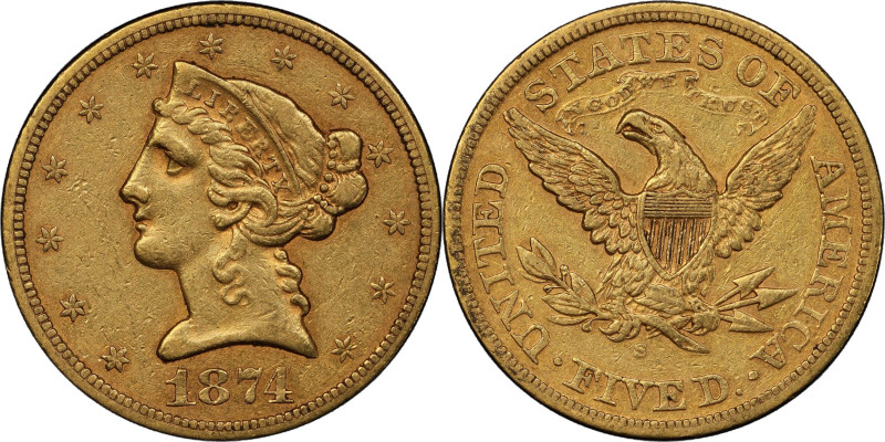 1874-S Liberty Head Half Eagle. EF-45 (PCGS).
Soft honey-rose color flows over ...