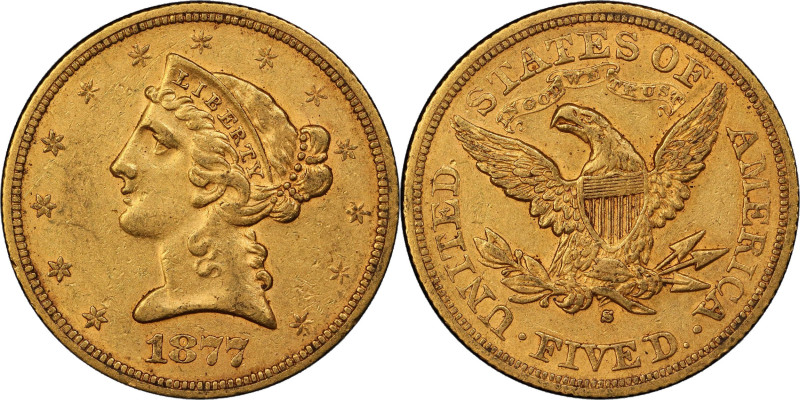 1877-S Liberty Head Half Eagle. EF-45 (PCGS). CAC.
Rich honey-gold color with a...