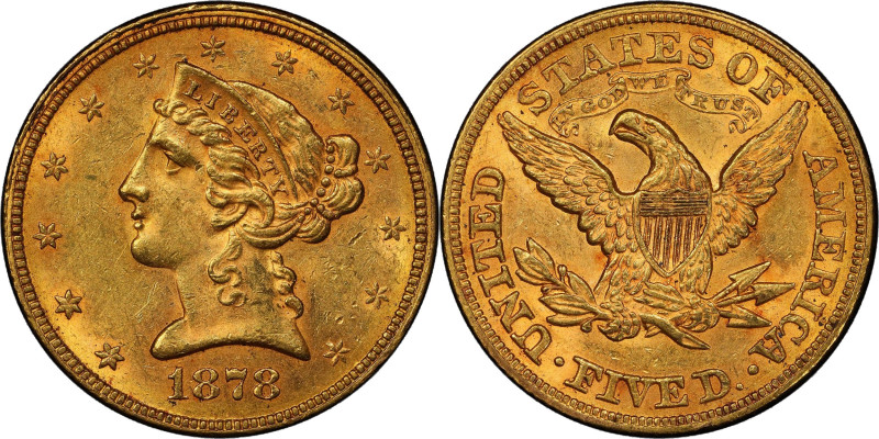 1878 Liberty Head Half Eagle. MS-62+ (PCGS).
A frosty to modestly semi-prooflik...