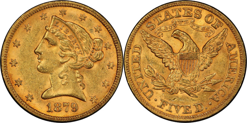 1879 Liberty Head Half Eagle. MS-62 (PCGS).
Vivid deep orange-apricot surfaces ...