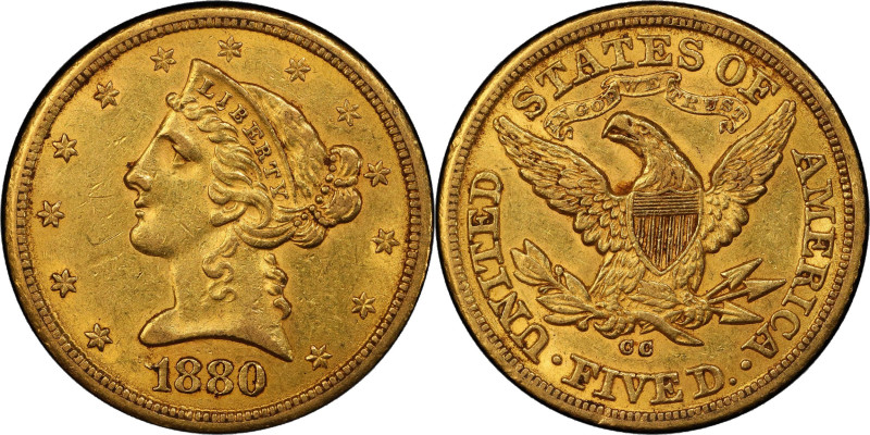 1880-CC Liberty Head Half Eagle. Winter 1-A. AU-55 (PCGS).
Not all that far rem...