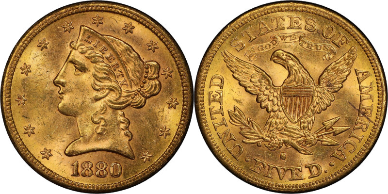 1880-S Liberty Head Half Eagle. MS-64 (PCGS).
Exceptionally smooth and well pre...