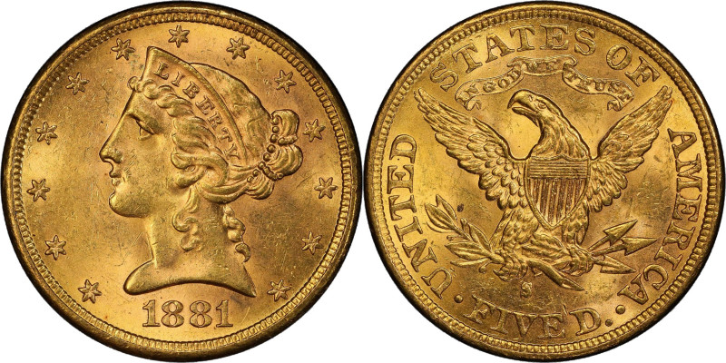 1881-S Liberty Head Half Eagle. MS-64 (PCGS).
With wonderfully original color i...