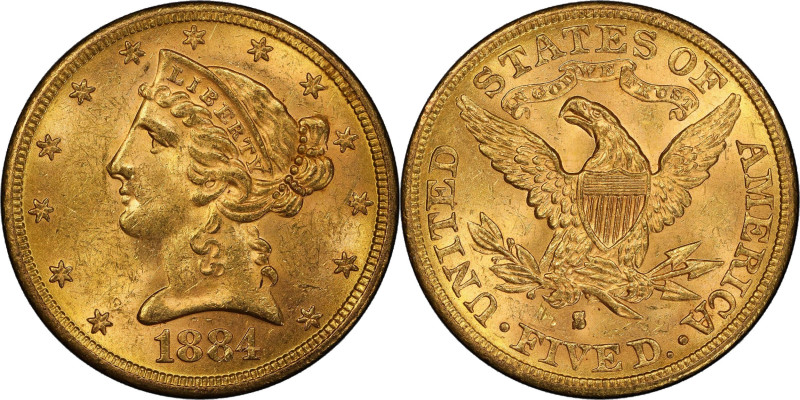 1884-S Liberty Head Half Eagle. MS-63 (PCGS).
Boldly impressed with razor sharp...