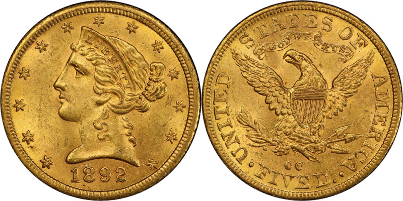 1892-CC Liberty Head Half Eagle. Winter 1-A, the only known dies. Die State III....