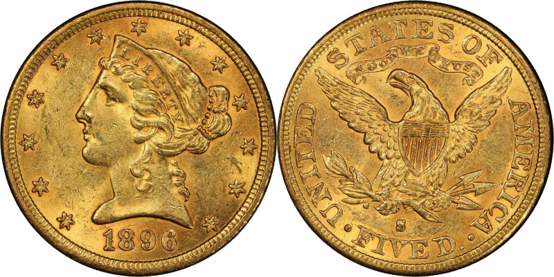 1896-S Liberty Head Half Eagle. MS-62 (PCGS).
Pretty orange-honey color blends ...