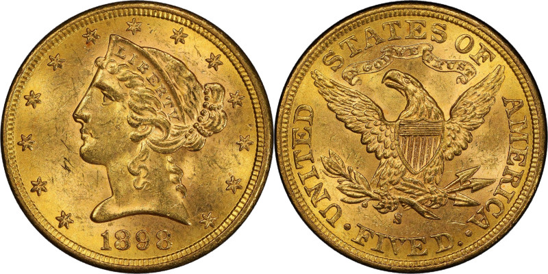 1898-S Liberty Head Half Eagle. MS-63+ (PCGS). CAC.
Lustrous honey-orange surfa...