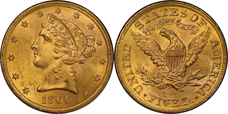 1900 Liberty Head Half Eagle. MS-65 (PCGS).
Gorgeous rose-gold surfaces also po...